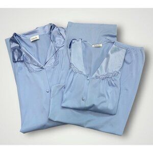 Vanity Fair XXL 2X Pajama Set & Robe 3 Piece Nylon Blue Silky